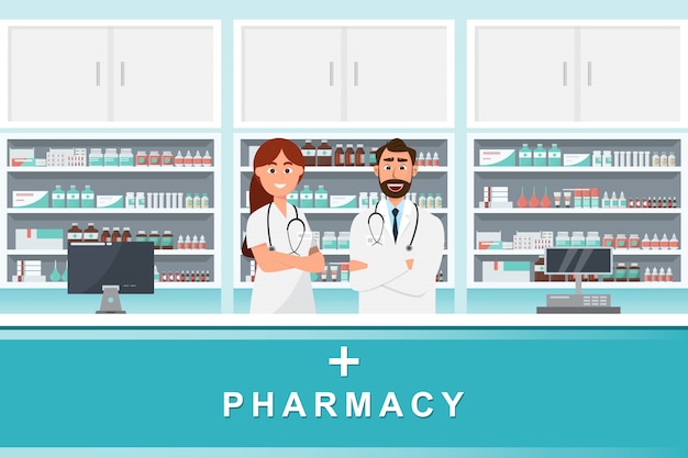 Pharmacy with doctor and nurse in counter