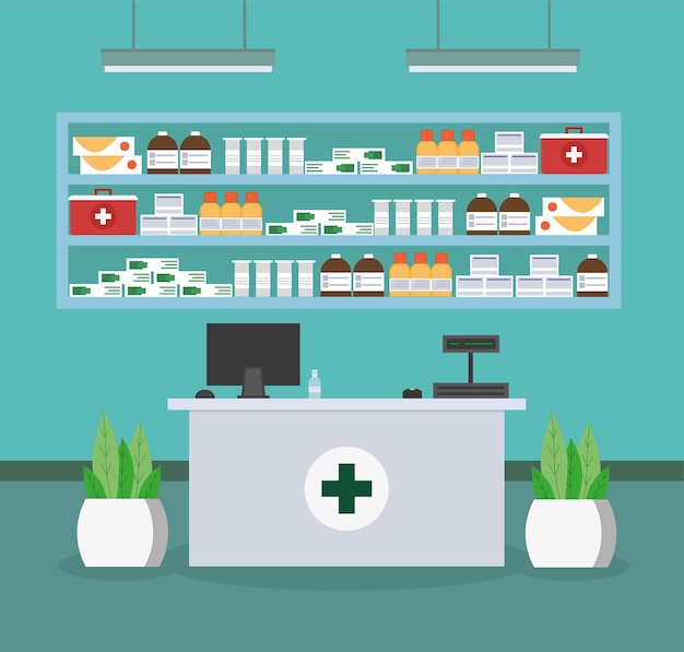 Vector pharmacy with medicines. flat style.