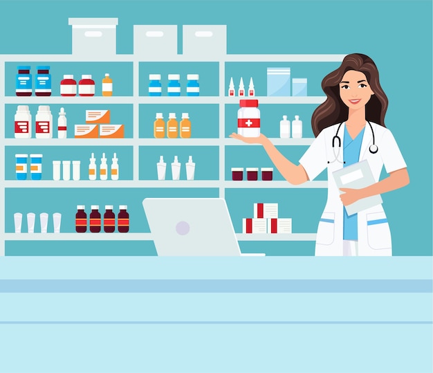 Pharmacy with nurse in counter drugstore cartoon character design vector illustration