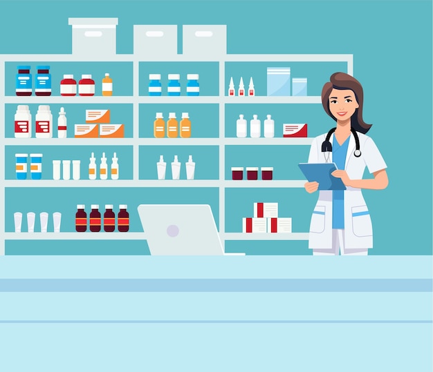 Pharmacy with nurse in counter drugstore cartoon character design vector illustration