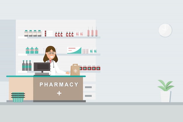 Vector pharmacy with nurse in counter