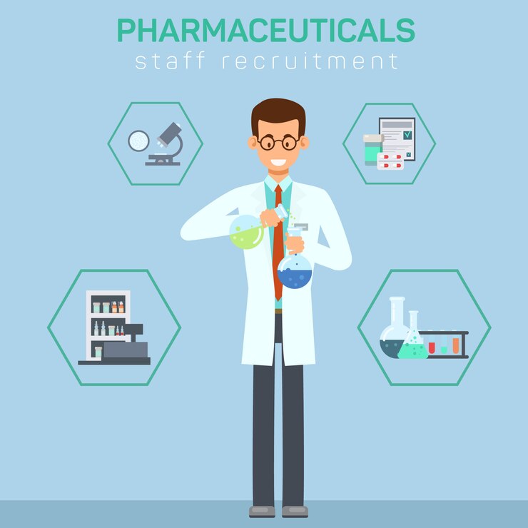 Vector pharmacy workers recruiting flat illustration