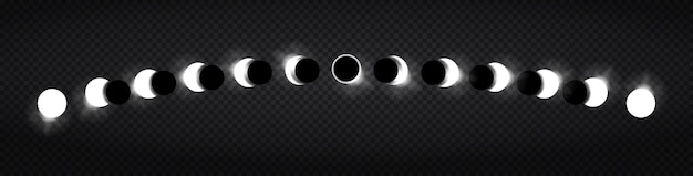 ベクトル 月食の段階 ソーシャルネットワーク用の画像のコレクション 時間の経過のステージのセット 銀河と宇宙 黒い透明な背景に隔離されたイソメトリックな現実的なベクトルイラスト