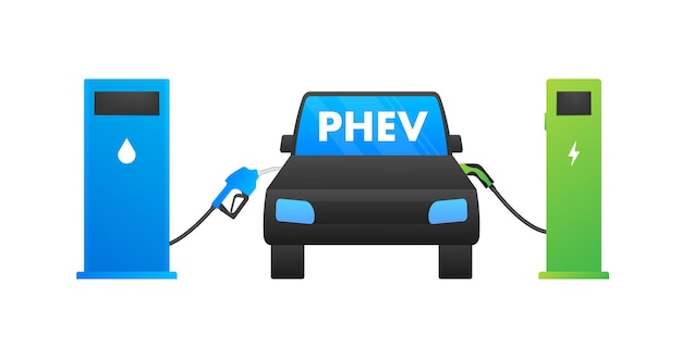 Значок PHEV Гибридный электромобиль с подключаемым модулем Электроэнергия и топливный двигатель Векторная иллюстрация