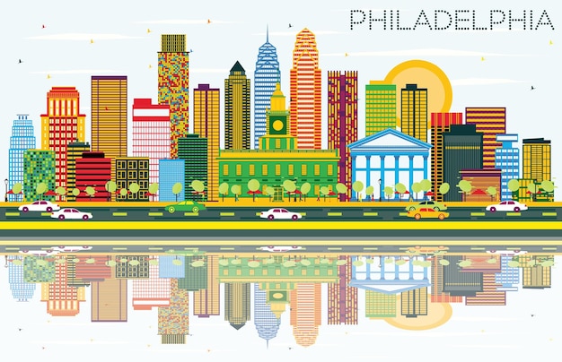 Philadelphia Skyline with Color Buildings Blue Sky and Reflections Vector Illustration