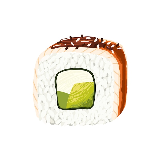 Philadelphia sushi roll met avocado en roomkaas gewikkeld in palingschijfje. Vector realistische clipart