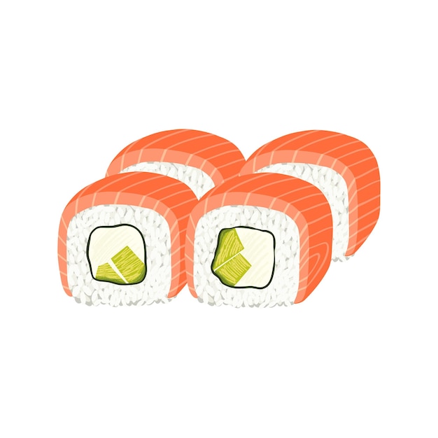 Vector philadelphia sushi rolls with avocado and cream cheese wrapped in salmon slice. vector clipart.