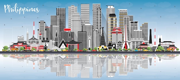 Vector philippines city skyline with gray buildings blue sky and reflections