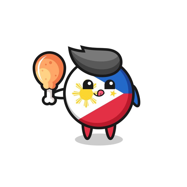 Philippines flag badge cute mascot is eating a fried chicken