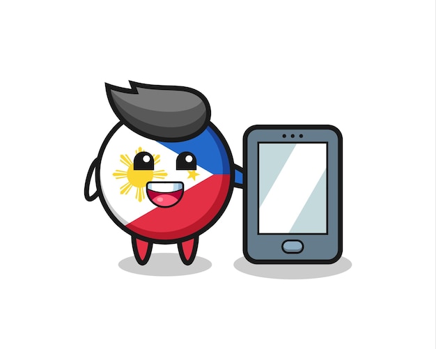 philippines flag badge illustration cartoon holding a smartphone , cute style design for t shirt, sticker, logo element