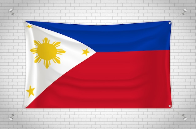 Philippines flag hanging on brick wall. 3D drawing. Flag attached to the wall.