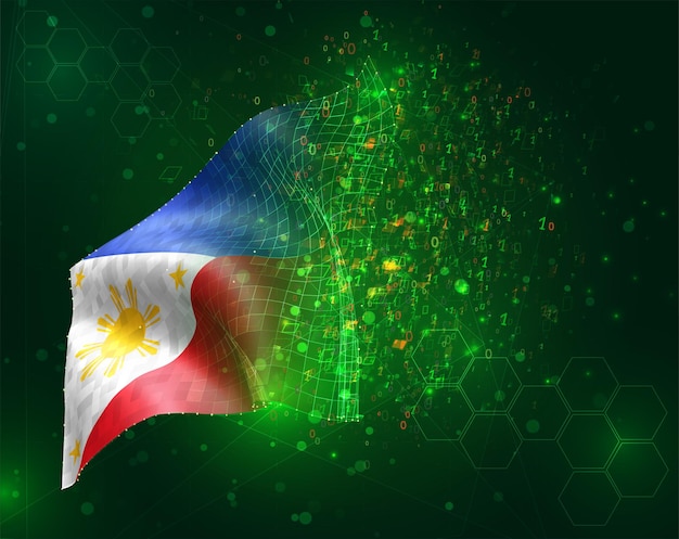 Vector philippines, vector 3d flag on green background with polygons and data numbers