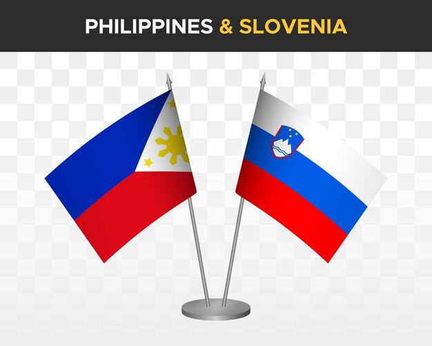 Bandiere da scrivania filippine vs slovenia mockup isolate 3d illustrazione vettoriale bandiere da tavolo