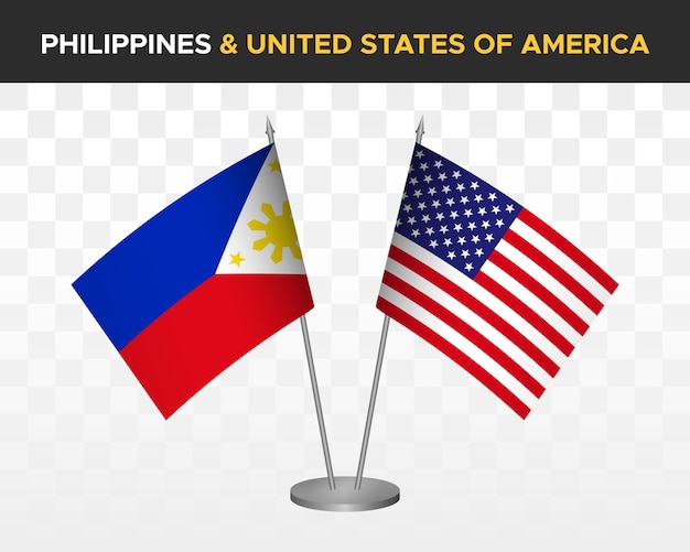 Filippine vs usa stati uniti america desk flag mockup 3d illustrazione vettoriale bandiere da tavolo