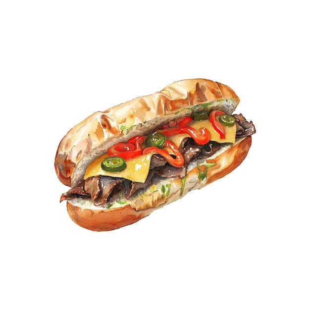 Philly Cheesesteak (フィリー・チーズステーキ) のベクトルイラストが水彩画で描かれています