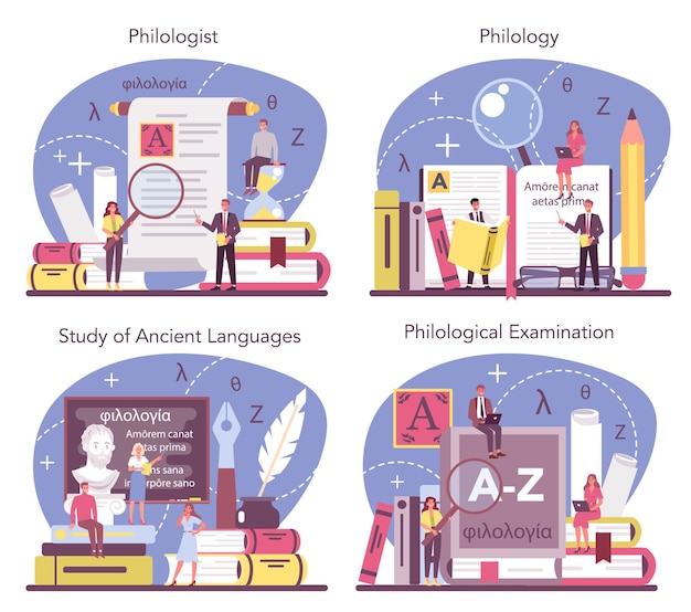 Vector philologist concept set. professional scientist studying a language structure. philology and translation. isolated vector illustration