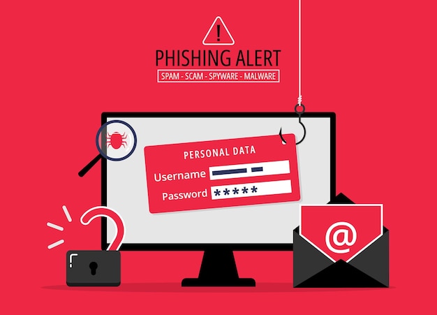 Vettore avviso di esca di phishing concetto login in account e-mail con gancio di pesca hacker che cerca di hackerare e rubare dati personali avvertimento di sicurezza informatica da criminalità informatica