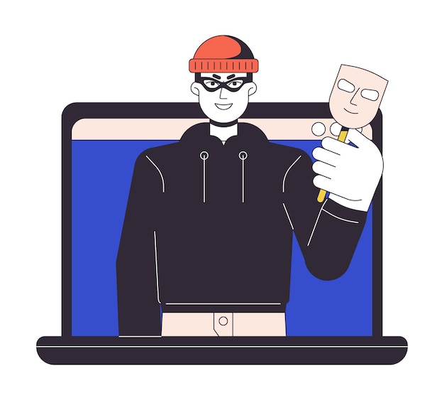 Вектор Фишинговая киберпреступность, концепция плоской линии, векторная иллюстрация пятна кибератака на персональные данные и личность 2d-персонажа мультфильма на белом для дизайна веб-интерфейса редактируемое изолированное цветное изображение героя