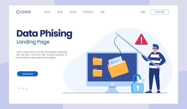 Phishing hacker attack concept hackers stealing personal data internet security with tiny character insert password on website cartoon people vector illustration landing page