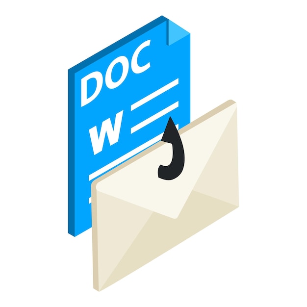Phishing icon isometric vector Hooked closed mail envelope and doc file format Scam mail web phishing cyber crime