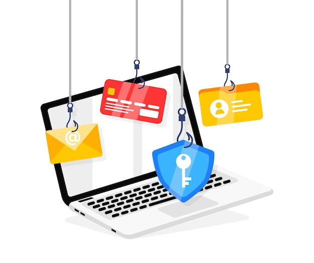 Phishing scam alert concept phishing scam aggancia l'esca con scheda e-mail e scudo illustrazione vettoriale