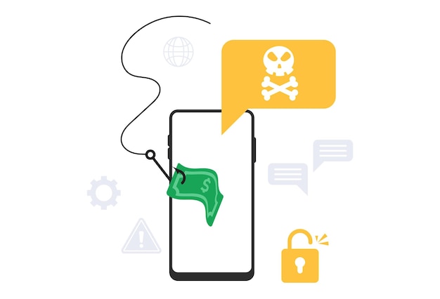 Vector phising illustration from message to smartphone stealing money