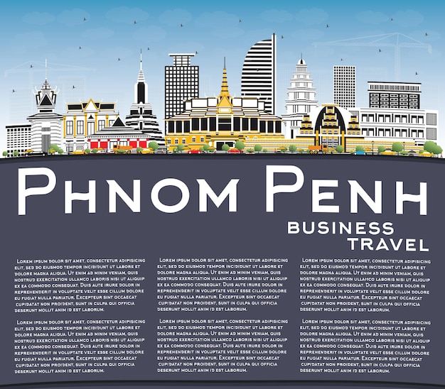 Phnom Penh Cambodia City Skyline with Color Buildings Blue Sky and Copy Space Vector Illustration