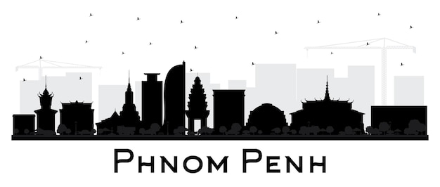 Phnom Penh Cambodja City Skyline van silhouet met zwarte gebouwen geïsoleerd op wit. Vectorillustratie. Toerismeconcept met historische architectuur. Phnom Penh stadsgezicht met monumenten.