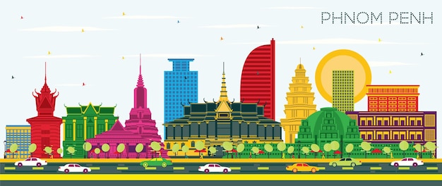 Phnom Penh Cambodja Skyline van de stad met kleur gebouwen blauwe lucht en reflecties vector illustratie Phnom Penh Cityscape met oriëntatiepunten