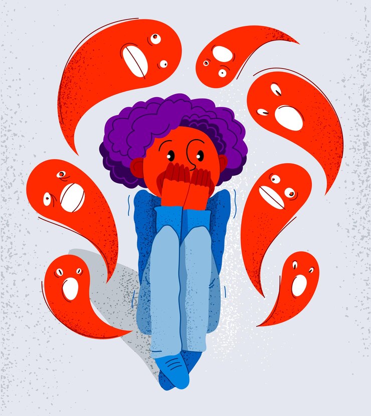Vector phobia of ghosts and spirits paranormal vector illustration, boy scared in panic attack surrounded with imaginary ghosts flying around him, psychology and psychiatry.
