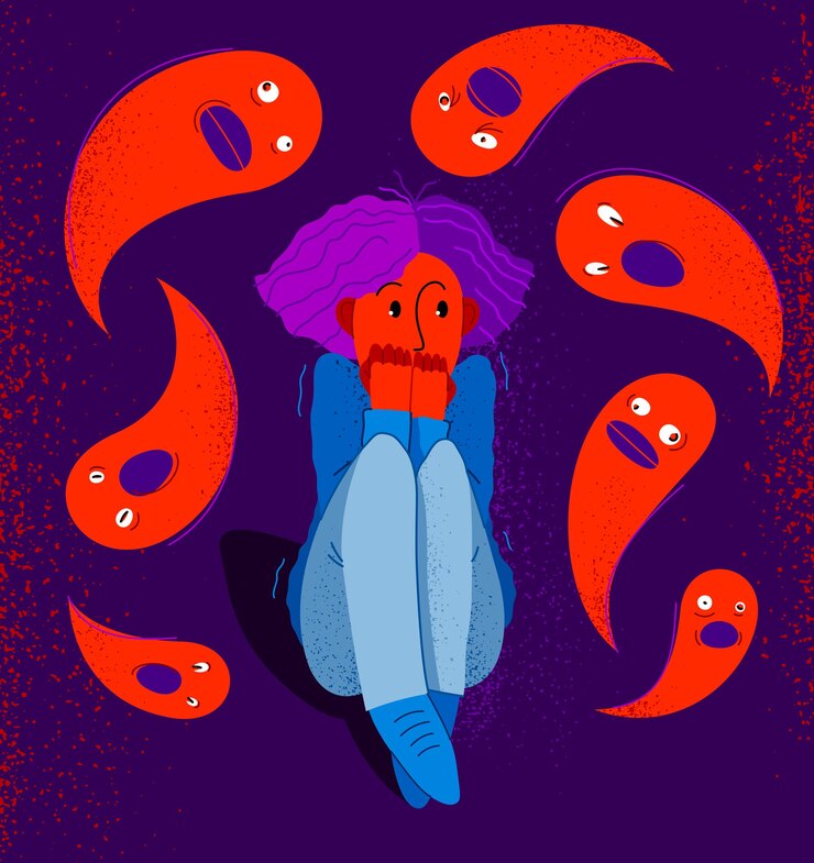 Vector phobia of ghosts and spirits paranormal vector illustration, girl scared in panic attack surrounded with imaginary ghosts flying around her, psychology and psychiatry.