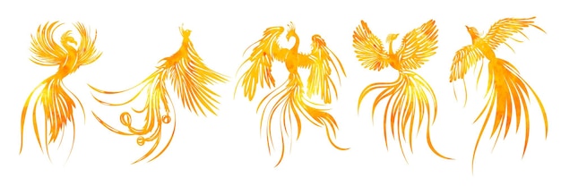 Phoenix bird watercolor set black silhouette isolated vector
