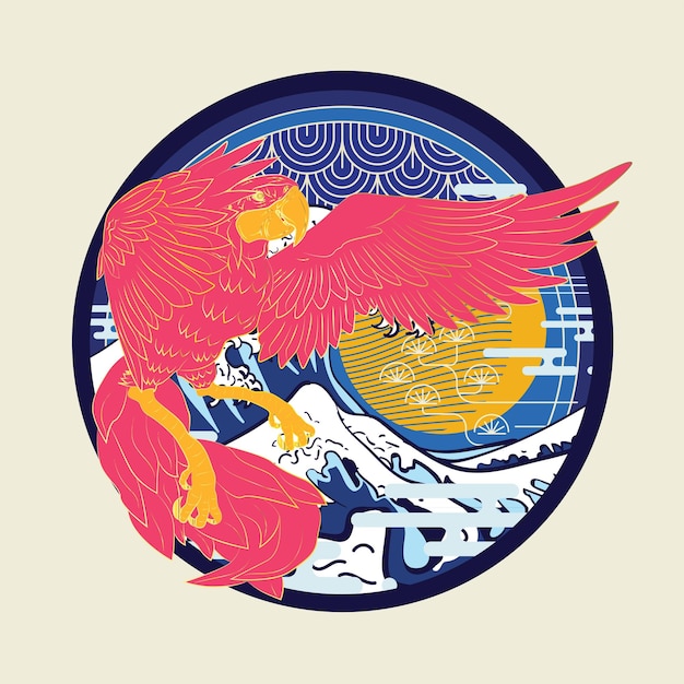 phoenix illustration with japanese style background