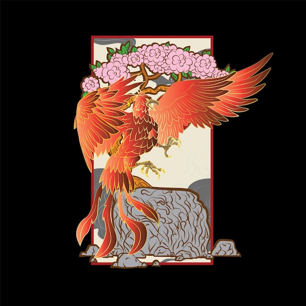 phoenix illustration with japanese style background