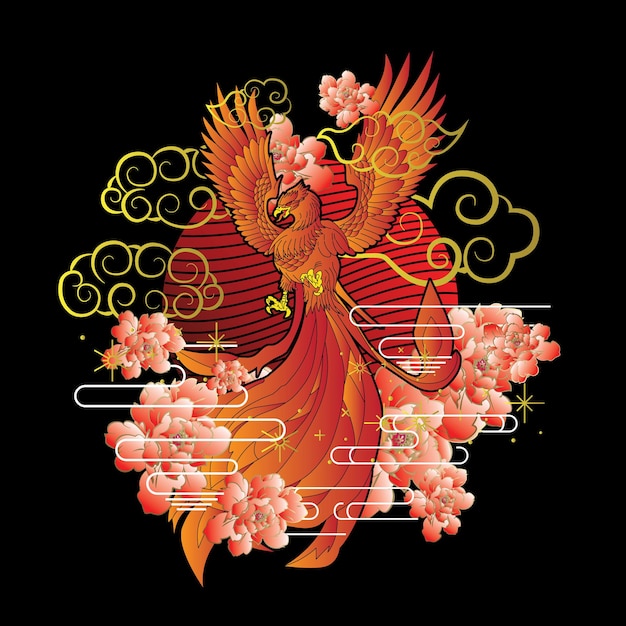 Vector phoenix illustration with japanese style background