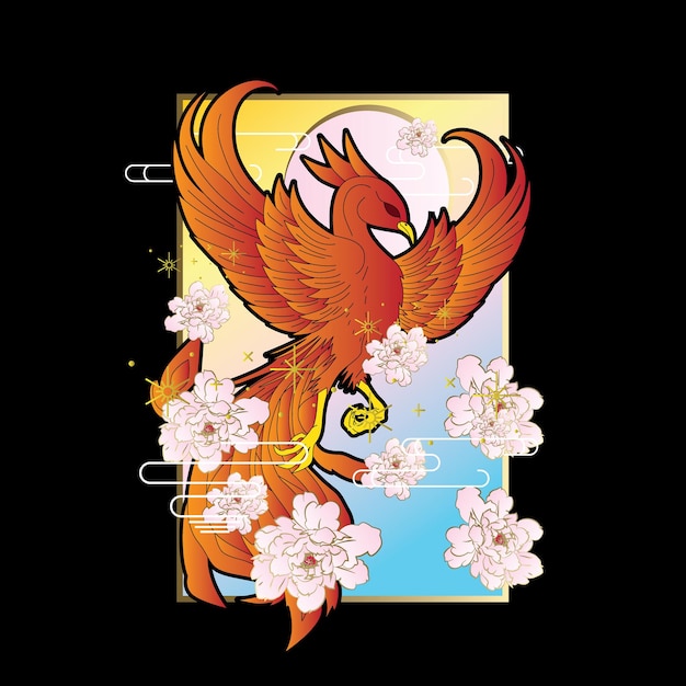 phoenix illustration with japanese style background