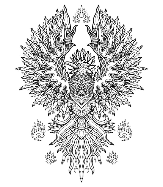 Дизайн мандалы феникса для книжки-раскраски или дизайн футболки