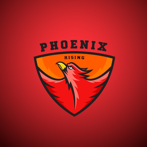 Phoenix rising logo sjabloon. flying fire bird illustratie in een schild. perfect voor emblemen van sportteams, competitielabels, enz.