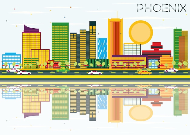 Phoenix Skyline met kleur gebouwen, blauwe lucht en reflectie. Vectorillustratie. Zakelijke reizen en toerisme Concept. Afbeelding voor presentatiebanner plakkaat en website.