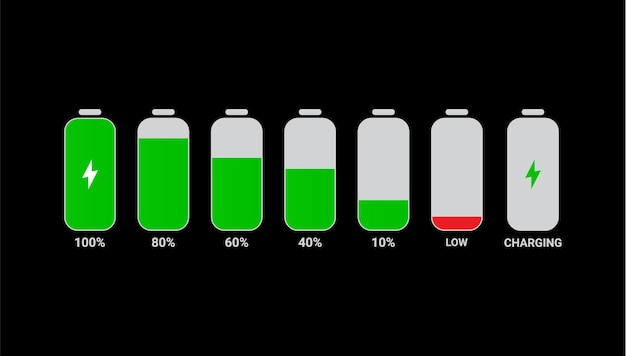 Set di simboli vettoriali per lo stato di carica della batteria del telefono