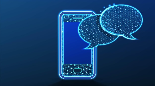 Phone and bubble speech communication concept Abstract Low Poly wireframe mesh design On dark blue background Vector Illustration
