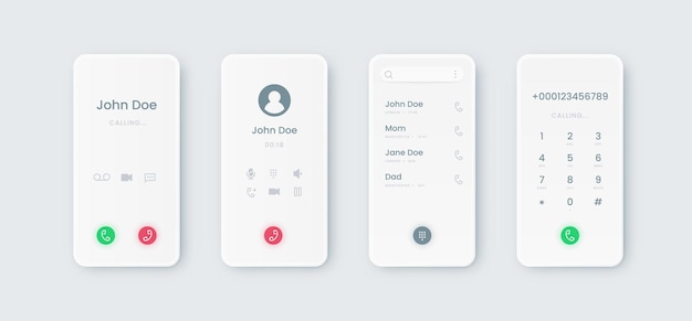 通話 ui 着信タッチ スクリーン インターフェイス モックアップ ダイヤル付き 電話帳と数字またはボタンを使用した通信スマートフォン アプリケーションの表示 モバイル画面テンプレート ベクトル セット