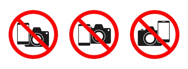 Phone and camera forbidden sign. No phone, no camera sign on white background. Set of no photo signs isolated