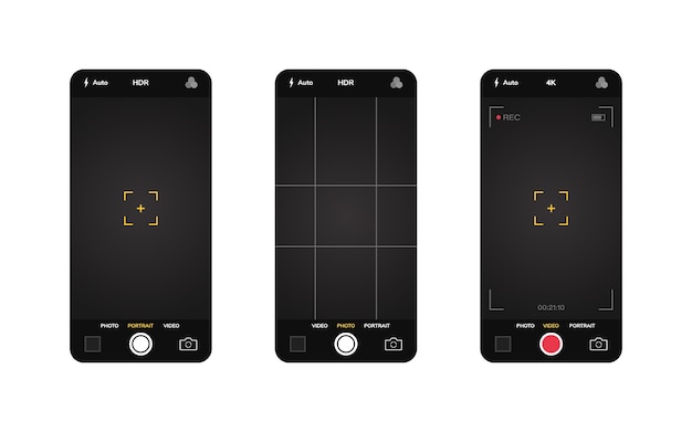 Interfaccia della fotocamera del telefono. applicazione per app mobile. foto e riprese video. illustrazione grafica.