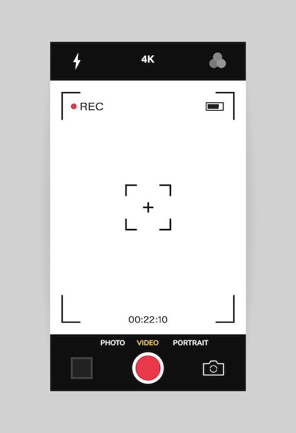 Vettore vista verticale dell'interfaccia della fotocamera del telefono applicazione dell'app mobile riprese video disegno grafico dell'illustrazione vettoriale