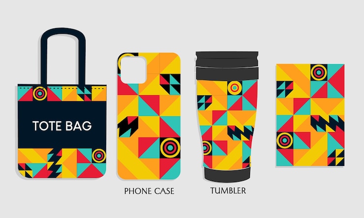 Vector phone case mockup design,tote bag, tumbler with abstract bauhaus pattern.design for branding,product