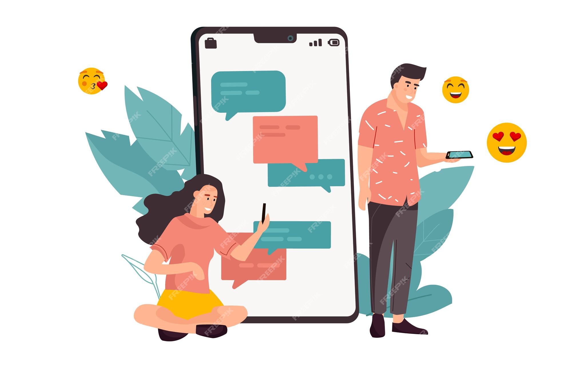 Group of people chatting online. Mobile app messenger. Cellphone screen  with friends talking by internet. Using smartphone for virtual meeting with  boy, girl, colleague, relatives. Vector illustration Stock Vector