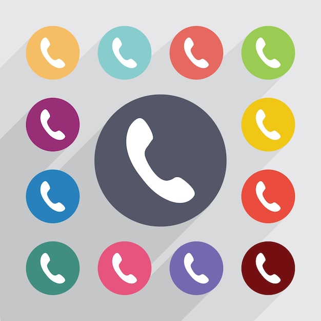 Phone circle, flat icons set. Round colourful buttons. Vector