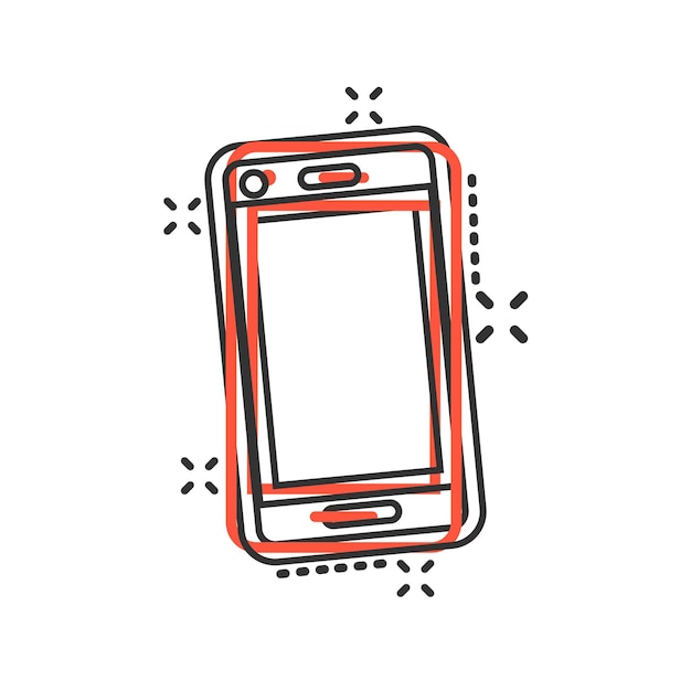 Icona del segno del dispositivo telefonico in stile fumetto illustrazione del cartone animato vettoriale dello smartphone su sfondo bianco isolato effetto splash del concetto di business telefonico