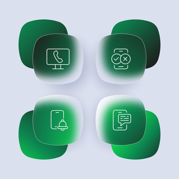 Phone features set icon Calls check mark alarm clock reminder message correspondence dialogue support service Contact us concept Glassmorphism style Vector line icon for Business